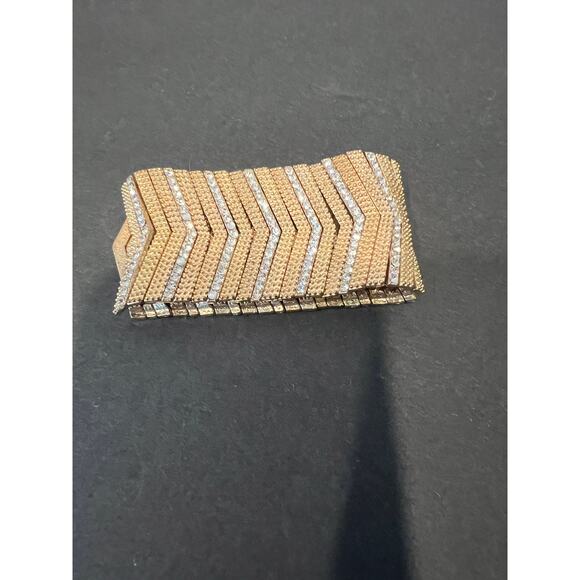 Articulated Chevron Gold Tone Rhinestones Stretch Cuff Bracelet - Picture 5 of 8